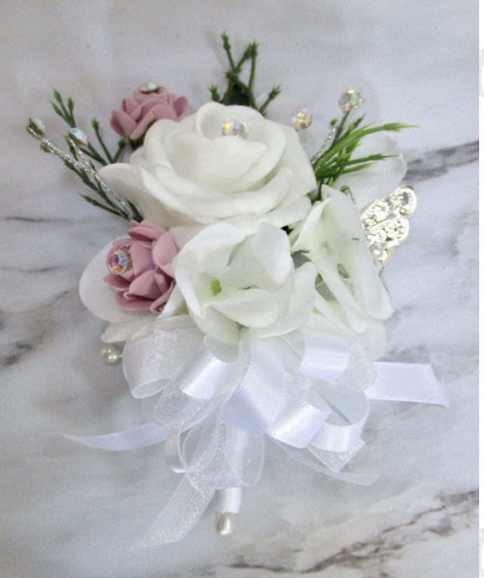 Dusky pink & ivory corsage with diamante butterfly
